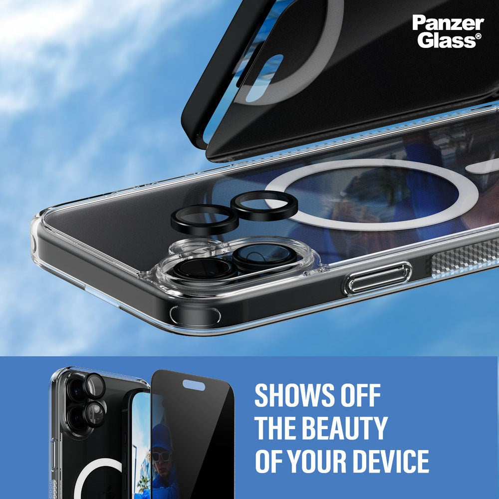 iPhone 16 Plus PanzerGlass 3-i-1 Bundle m. EasyAligner - Cover / Privacy Skærmbeskyttelse (UWF) / Kamerabeskyttelse - Gennemsigtig / Sort