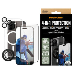 iPhone 16 Pro Max PanzerGlass 4-i-1 Bundle m. EasyAligner - Cover / Skærmbeskyttelse (UWF) / Kamerabeskyttelse / Fingerring - Gennemsigtig / Sort