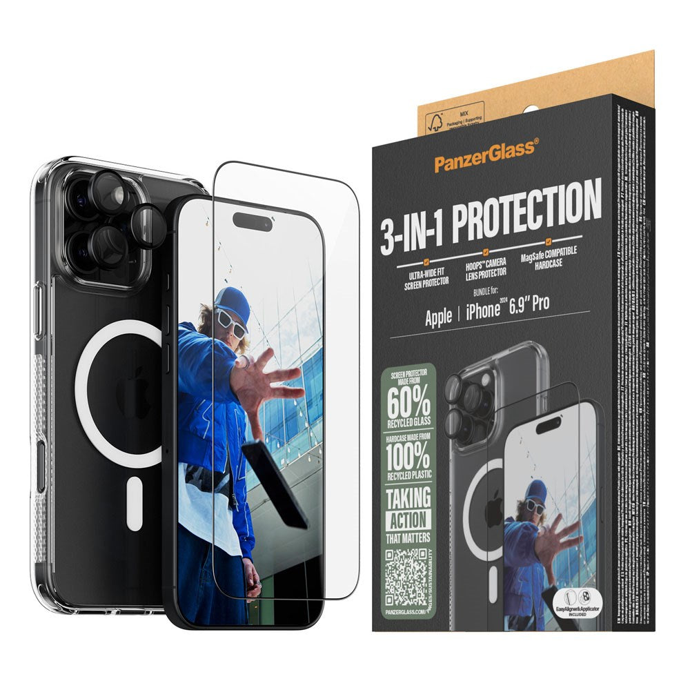 iPhone 16 Pro Max PanzerGlass 3-i-1 Bundle m. EasyAligner - Cover / Skærmbeskyttelse (UWF) / Kamerabeskyttelse - Gennemsigtig / Sort