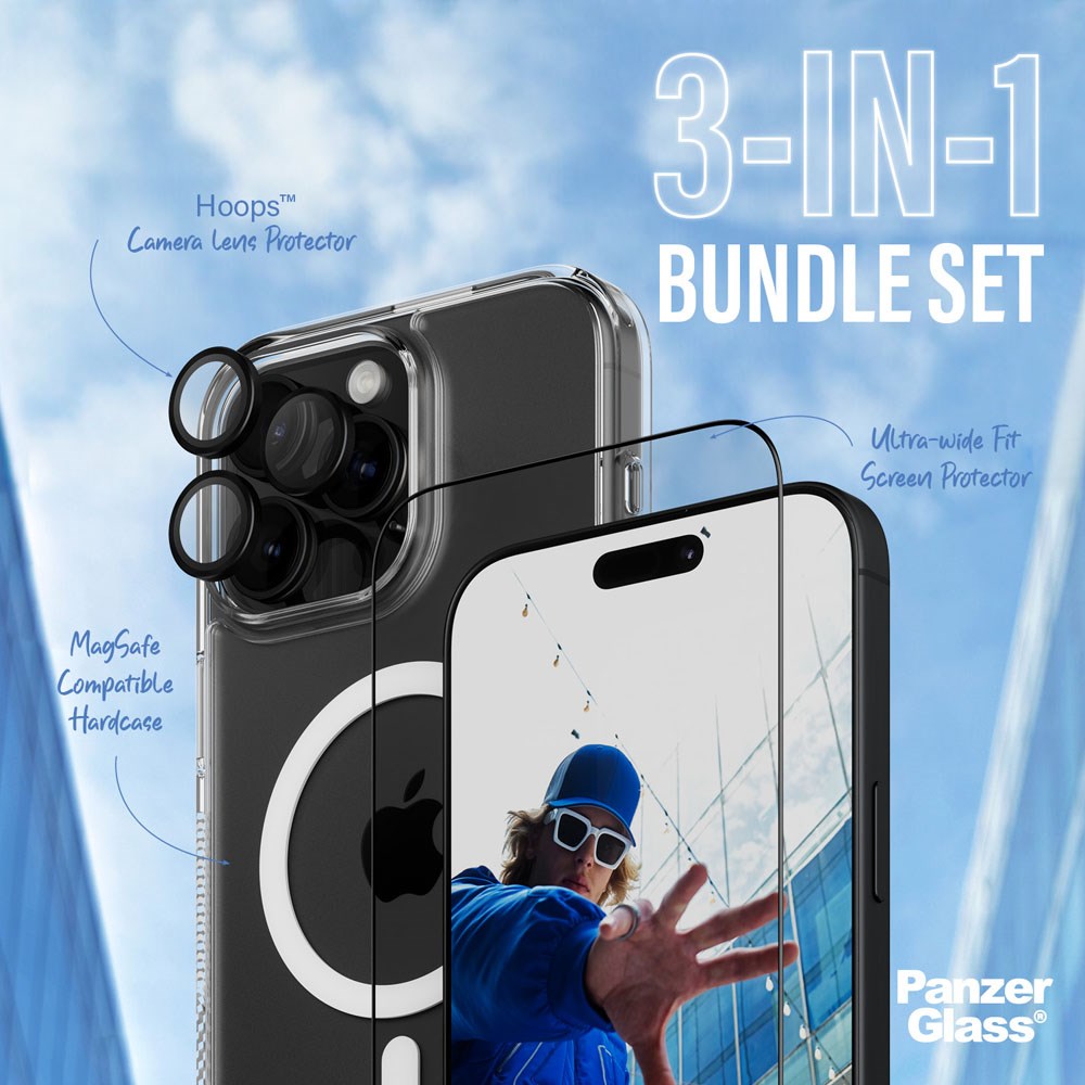iPhone 16 Pro Max PanzerGlass 3-i-1 Bundle m. EasyAligner - Cover / Skærmbeskyttelse (UWF) / Kamerabeskyttelse - Gennemsigtig / Sort