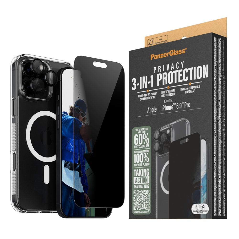 iPhone 16 Pro Max PanzerGlass 3-i-1 Bundle m. EasyAligner - Cover / Privacy Skærmbeskyttelse (UWF) / Kamerabeskyttelse - Gennemsigtig / Sort