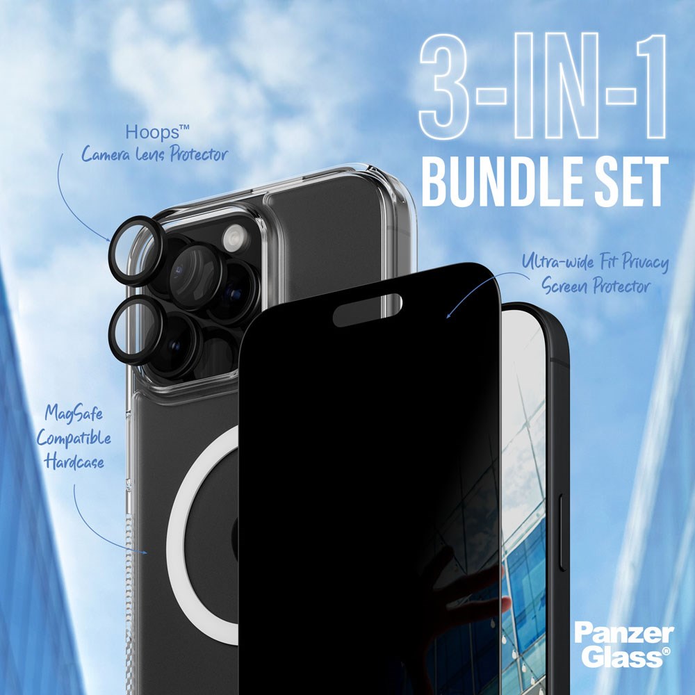 iPhone 16 Pro Max PanzerGlass 3-i-1 Bundle m. EasyAligner - Cover / Privacy Skærmbeskyttelse (UWF) / Kamerabeskyttelse - Gennemsigtig / Sort