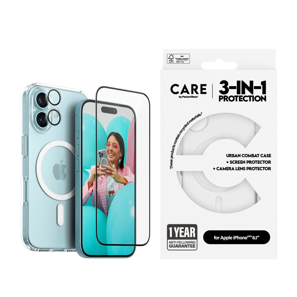 CARE By PanzerGlass iPhone 16 3-i-1 FLAGSHIP MagSafe Bundle - Cover / Skærmbeskyttelse (UWF) / Kamerabeskyttelse - Gennemsigtig / Hvid