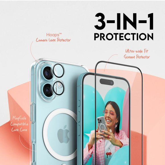 CARE By PanzerGlass iPhone 16 3-i-1 FLAGSHIP MagSafe Bundle - Cover / Skærmbeskyttelse (UWF) / Kamerabeskyttelse - Gennemsigtig / Hvid