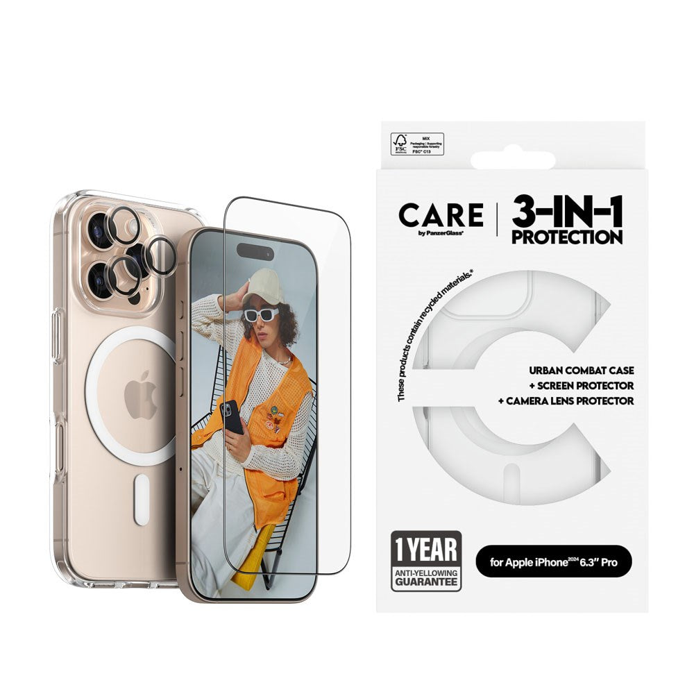 CARE By PanzerGlass iPhone 16 Pro  3-i-1 FLAGSHIP MagSafe Bundle - Cover / Skærmbeskyttelse (UWF) / Kamerabeskyttelse - Gennemsigtig / Hvid