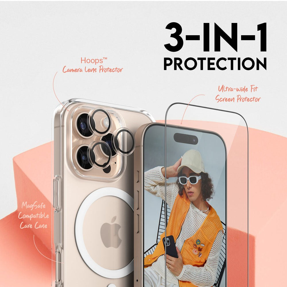 CARE By PanzerGlass iPhone 16 Pro  3-i-1 FLAGSHIP MagSafe Bundle - Cover / Skærmbeskyttelse (UWF) / Kamerabeskyttelse - Gennemsigtig / Hvid