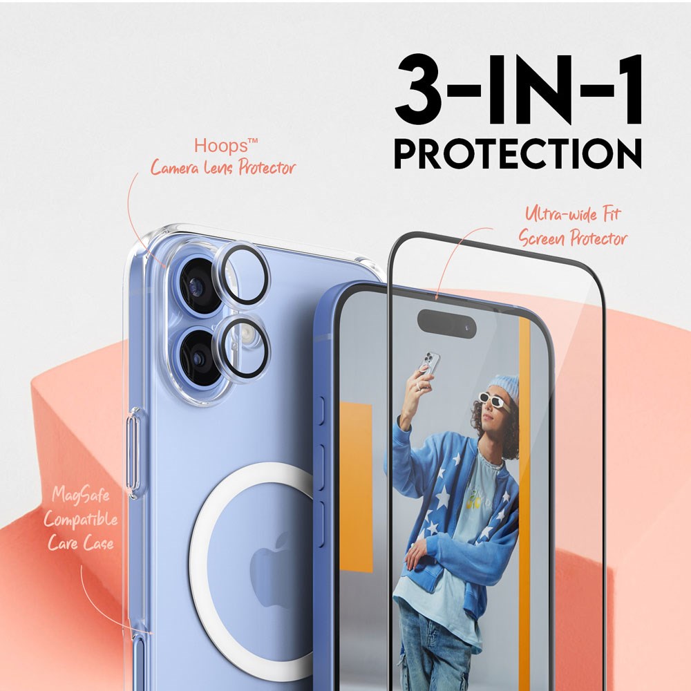 CARE By PanzerGlass iPhone 16 Plus 3-i-1 FLAGSHIP MagSafe Bundle - Cover / Skærmbeskyttelse (UWF) / Kamerabeskyttelse - Gennemsigtig / Hvid