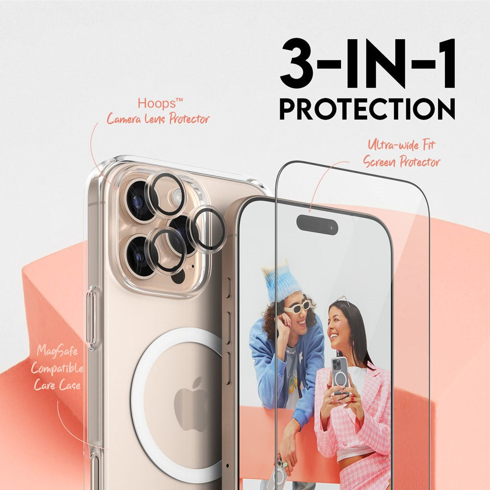 CARE By PanzerGlass iPhone 16 Pro Max 3-i-1 FLAGSHIP MagSafe Bundle - Cover / Skærmbeskyttelse (UWF) / Kamerabeskyttelse - Gennemsigtig / Hvid