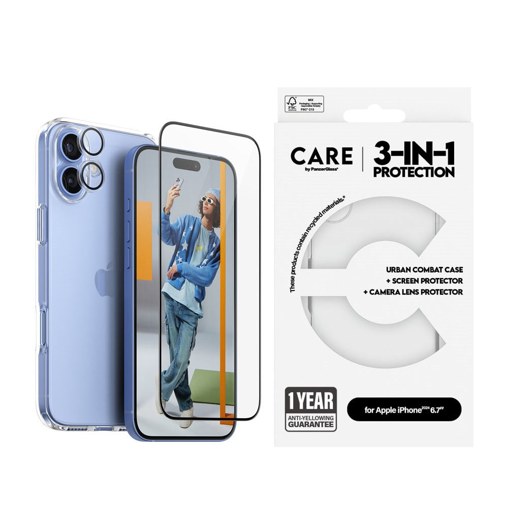 CARE By PanzerGlass iPhone 16 Plus 3-i-1 FLAGSHIP Bundle - Cover / Skærmbeskyttelse (UWF) / Kamerabeskyttelse - Gennemsigtig