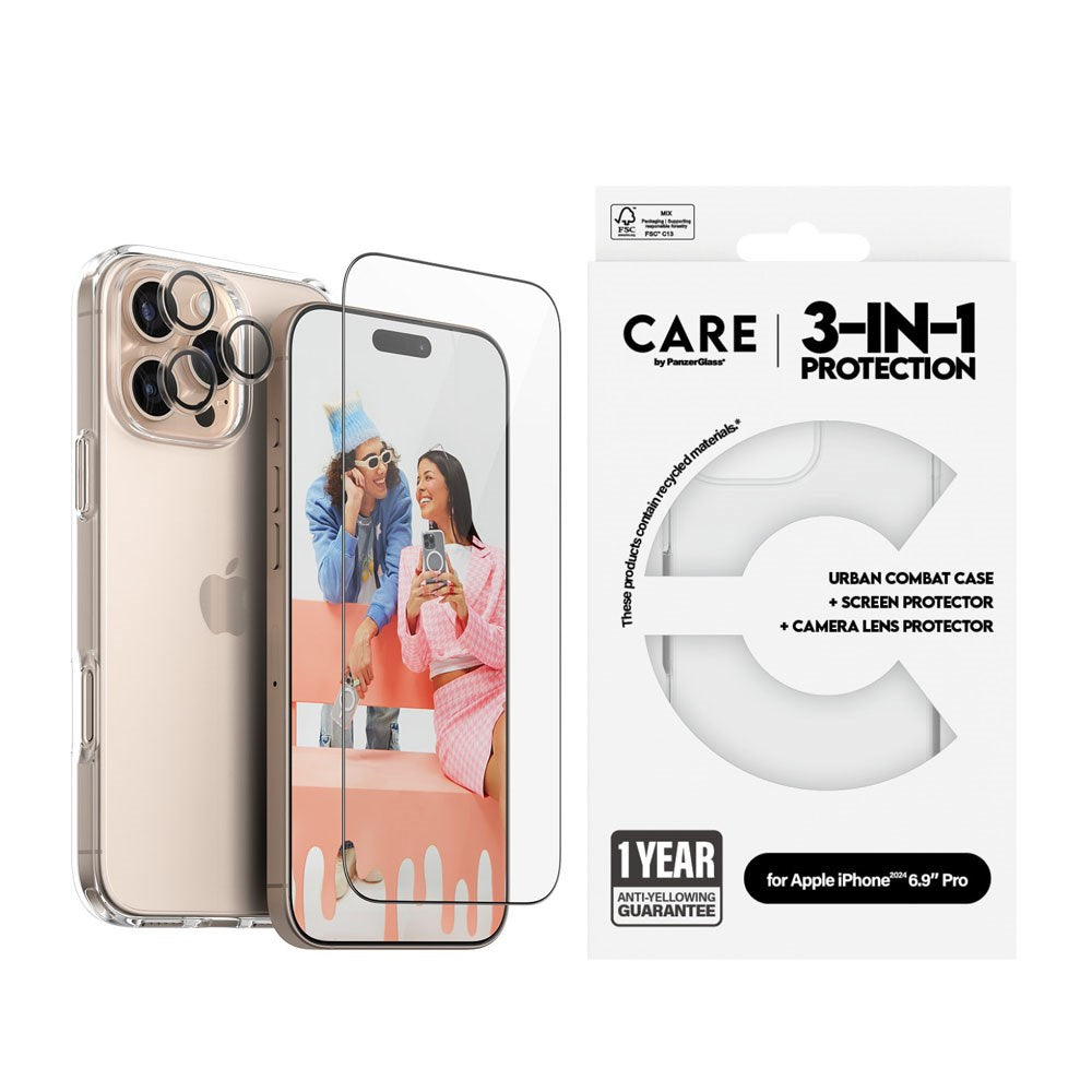 CARE By PanzerGlass iPhone 16 Pro Max 3-i-1 FLAGSHIP Bundle - Cover / Skærmbeskyttelse (UWF) / Kamerabeskyttelse - Gennemsigtig