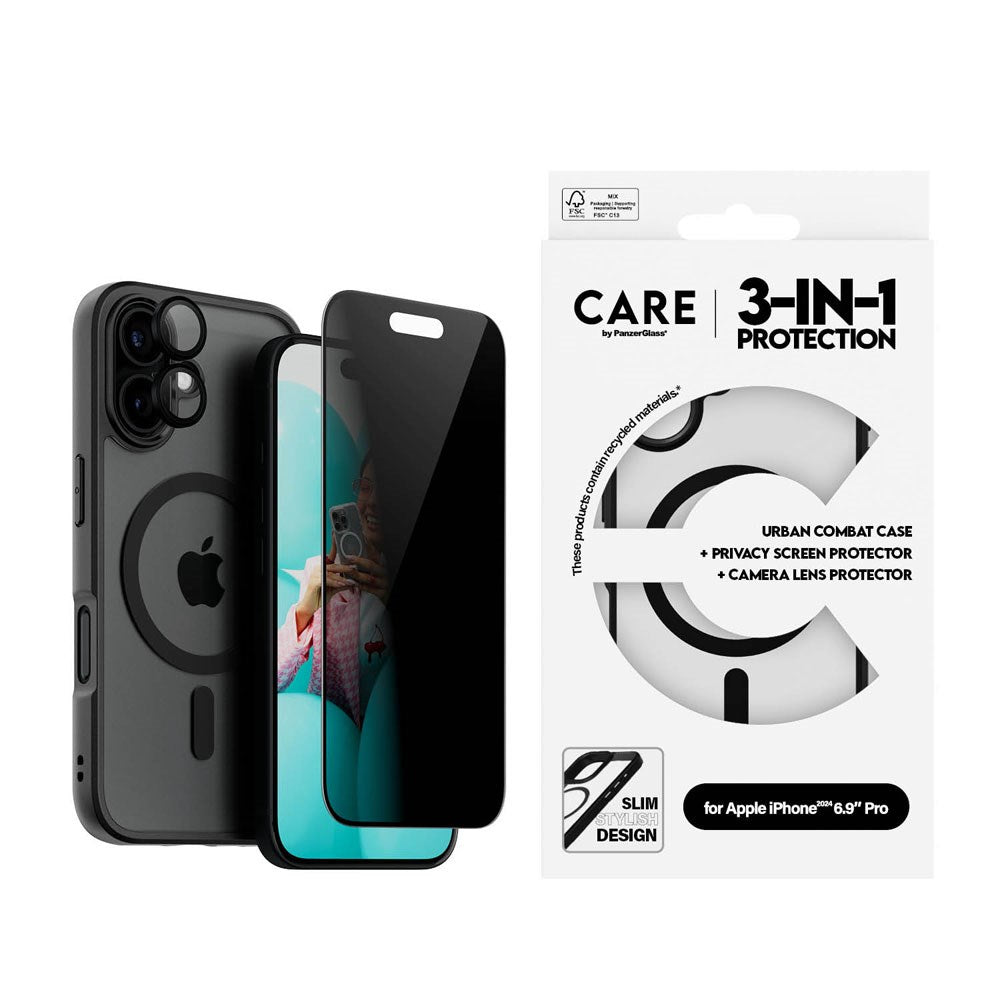 CARE By PanzerGlass iPhone 16 3-i-1 FLAGSHIP MagSafe Bundle - Cover / Privacy Skærmbeskyttelse (UWF) / Kamerabeskyttelse - Gennemsigtig / Sort