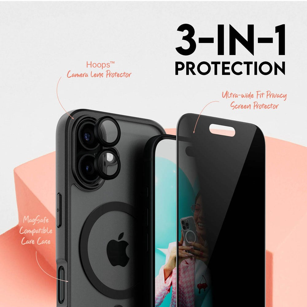 CARE By PanzerGlass iPhone 16 3-i-1 FLAGSHIP MagSafe Bundle - Cover / Privacy Skærmbeskyttelse (UWF) / Kamerabeskyttelse - Gennemsigtig / Sort