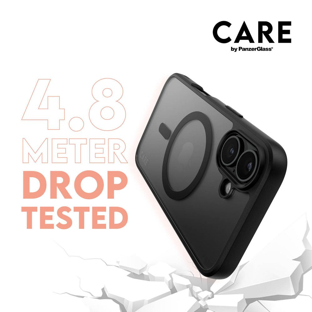 CARE By PanzerGlass iPhone 16 3-i-1 FLAGSHIP MagSafe Bundle - Cover / Privacy Skærmbeskyttelse (UWF) / Kamerabeskyttelse - Gennemsigtig / Sort