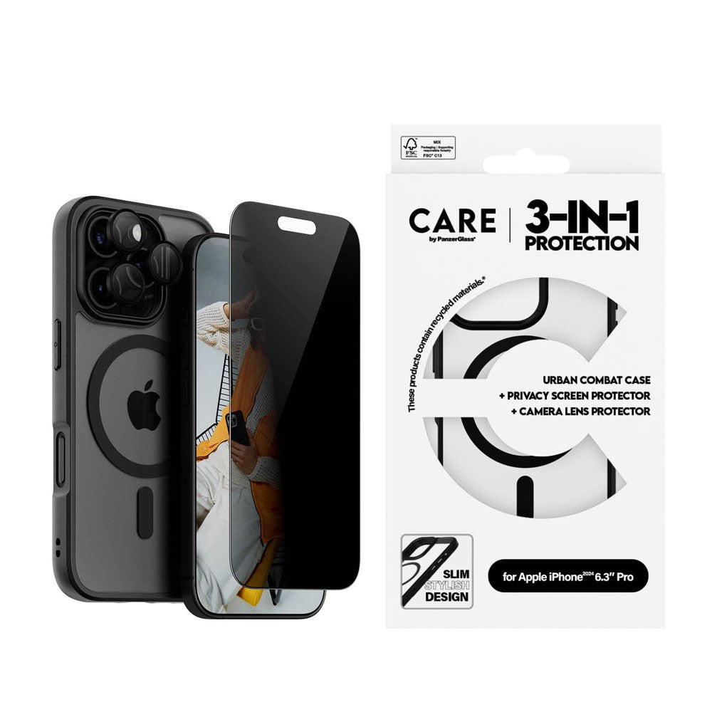 CARE By PanzerGlass iPhone 16 Pro 3-i-1 FLAGSHIP MagSafe Bundle - Cover / Privacy Skærmbeskyttelse (UWF) / Kamerabeskyttelse - Gennemsigtig / Sort
