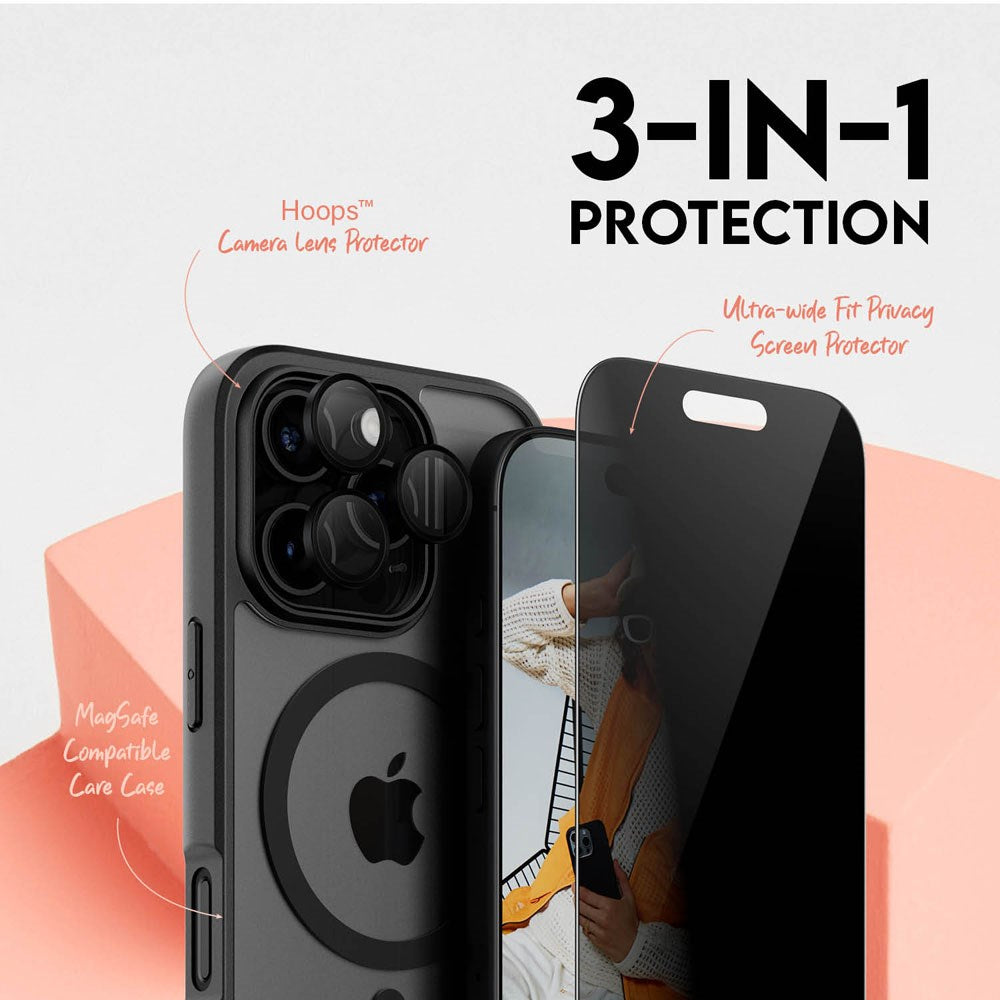 CARE By PanzerGlass iPhone 16 Pro 3-i-1 FLAGSHIP MagSafe Bundle - Cover / Privacy Skærmbeskyttelse (UWF) / Kamerabeskyttelse - Gennemsigtig / Sort