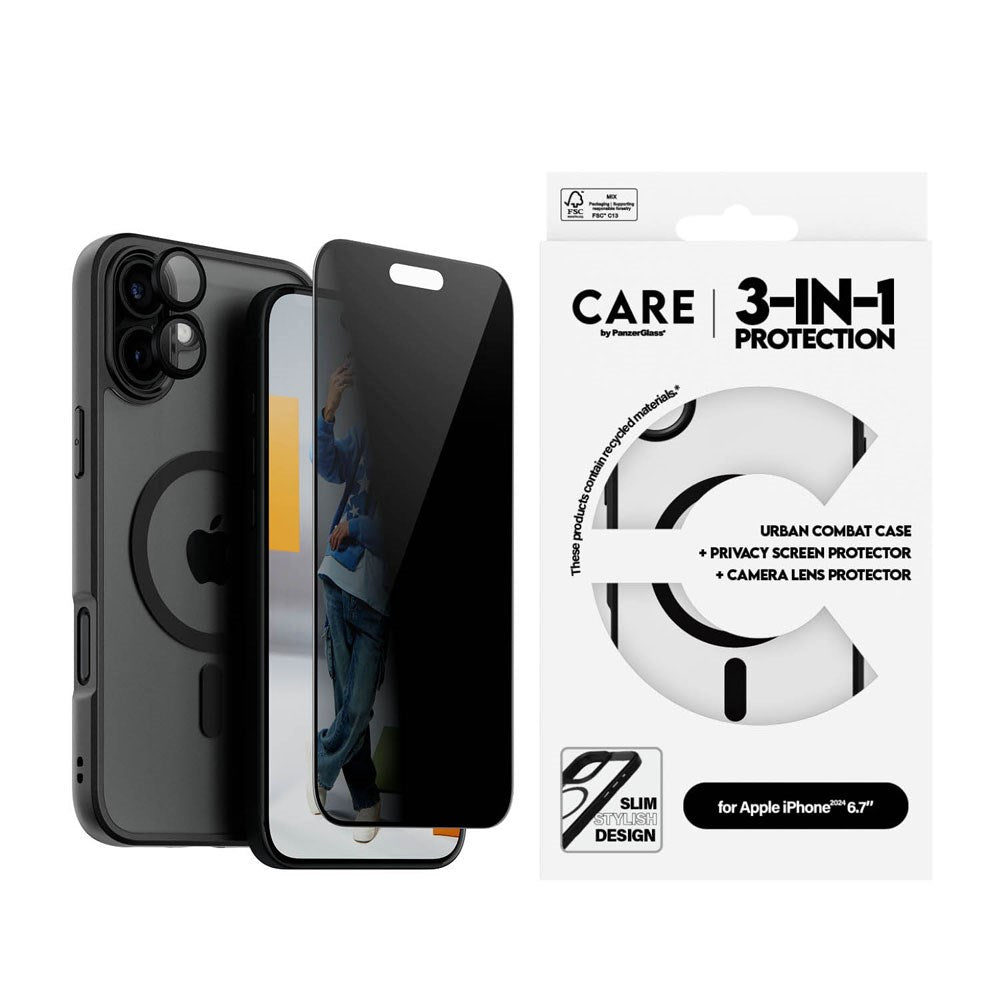 CARE By PanzerGlass iPhone 16 Plus 3-i-1 FLAGSHIP MagSafe Bundle - Cover / Privacy Skærmbeskyttelse (UWF) / Kamerabeskyttelse - Gennemsigtig / Sort