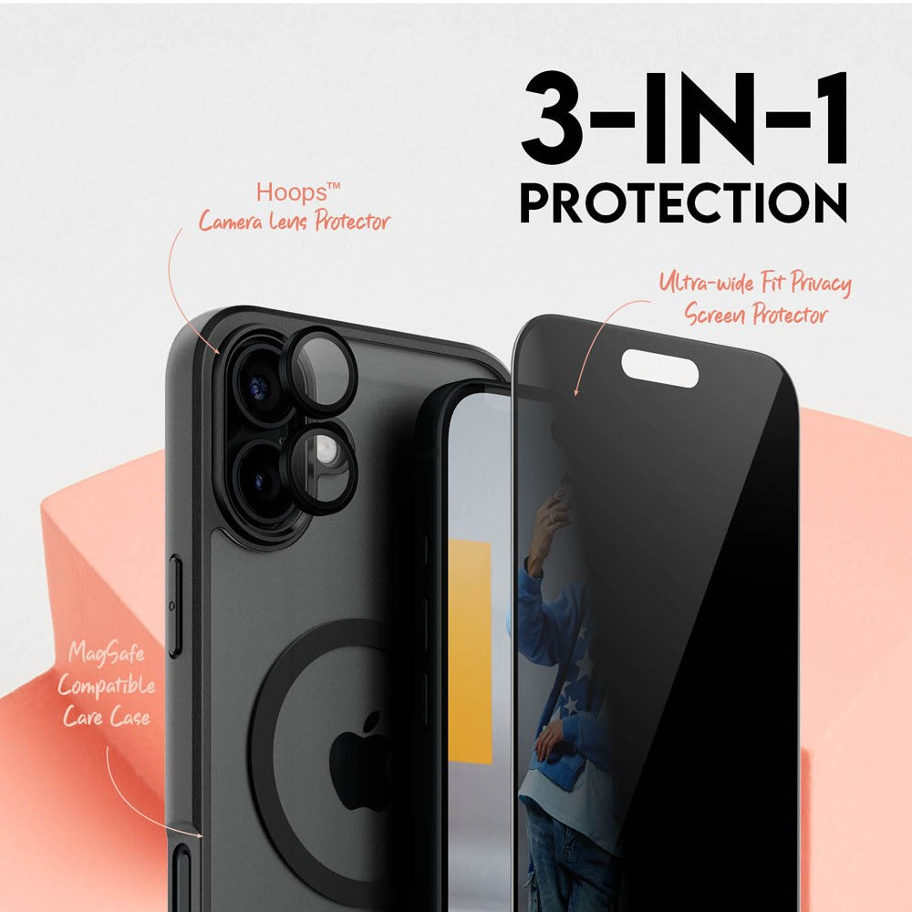 CARE By PanzerGlass iPhone 16 Plus 3-i-1 FLAGSHIP MagSafe Bundle - Cover / Privacy Skærmbeskyttelse (UWF) / Kamerabeskyttelse - Gennemsigtig / Sort