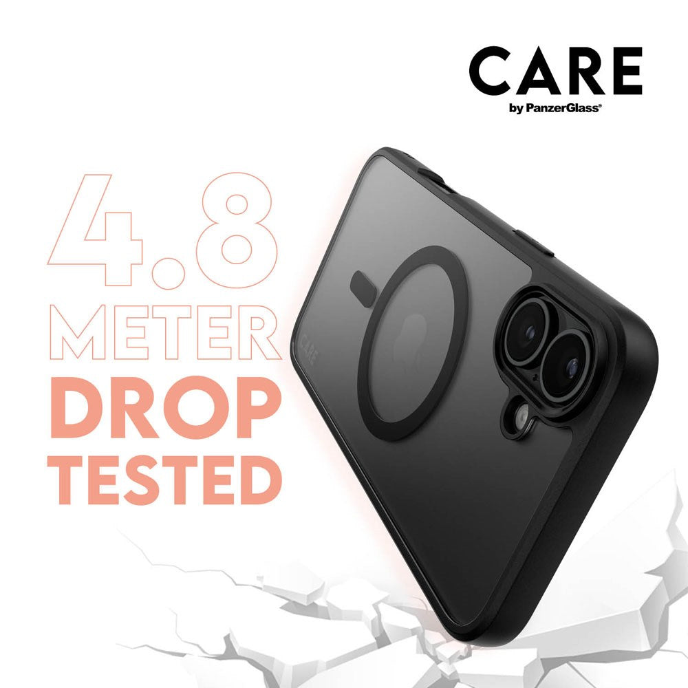 CARE By PanzerGlass iPhone 16 Plus 3-i-1 FLAGSHIP MagSafe Bundle - Cover / Privacy Skærmbeskyttelse (UWF) / Kamerabeskyttelse - Gennemsigtig / Sort