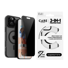 CARE By PanzerGlass iPhone 16 Pro Max 3-i-1 FLAGSHIP MagSafe Bundle - Cover / Privacy Skærmbeskyttelse (UWF) / Kamerabeskyttelse - Gennemsigtig / Sort