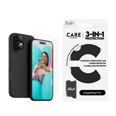 CARE By PanzerGlass iPhone 16 3-i-1 FASHION Bundle - Cover / Skærmbeskyttelse (UWF) / Kamerabeskyttelse - Gennemsigtig / Sort