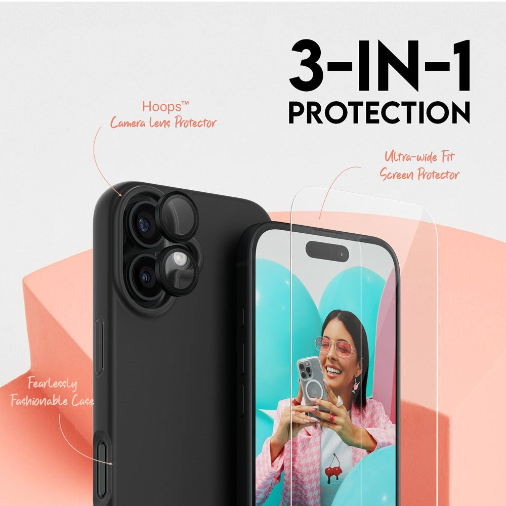 CARE By PanzerGlass iPhone 16 3-i-1 FASHION Bundle - Cover / Skærmbeskyttelse (UWF) / Kamerabeskyttelse - Gennemsigtig / Sort
