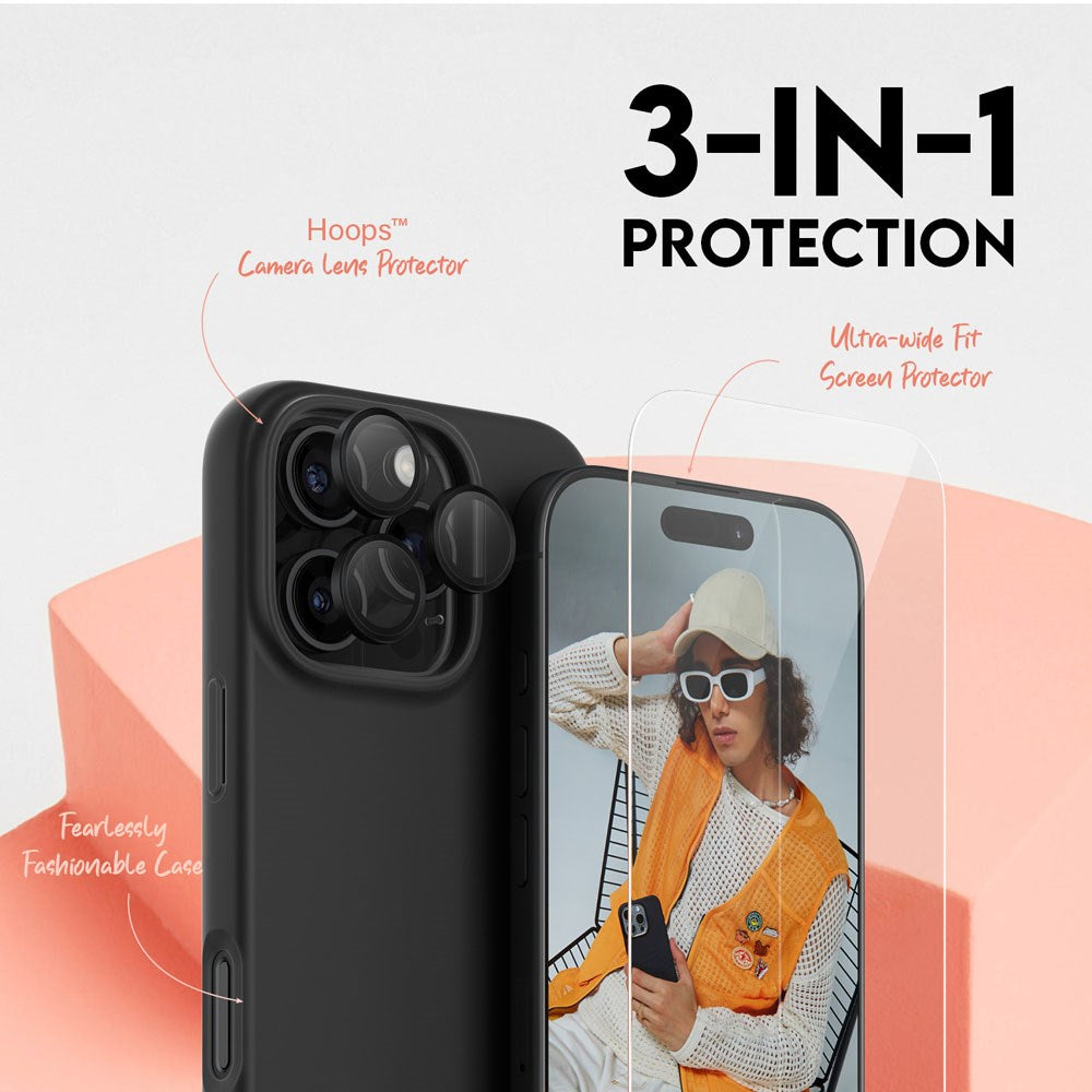 CARE By PanzerGlass iPhone 16 Pro 3-i-1 FASHION Bundle - Cover / Skærmbeskyttelse (UWF) / Kamerabeskyttelse - Gennemsigtig / Sort