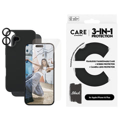 CARE By PanzerGlass iPhone 16 Plus 3-i-1 FASHION Bundle - Cover / Skærmbeskyttelse (UWF) / Kamerabeskyttelse - Gennemsigtig / Sort