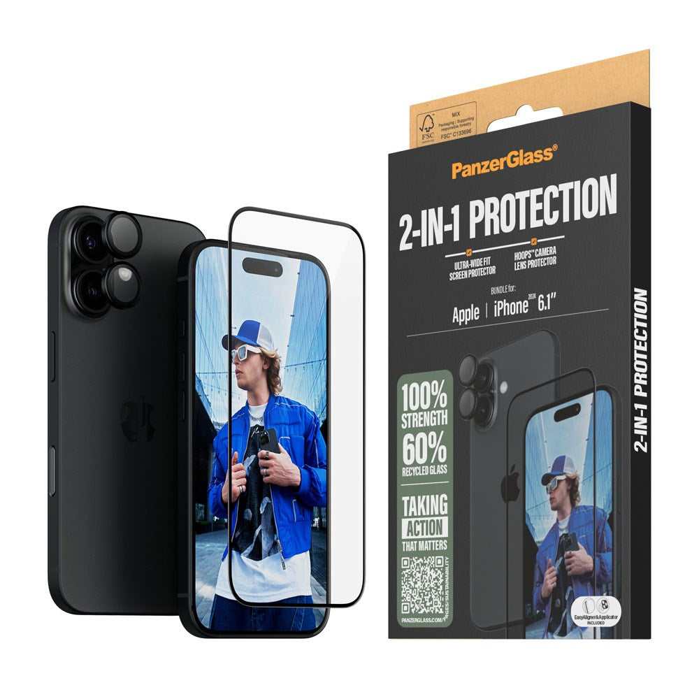 iPhone 16 PanzerGlass 2-i-1 Bundle m. EasyAligner - Skærmbeskyttelse (UWF) / Kamerabeskyttelse - Gennemsigtig / Sort
