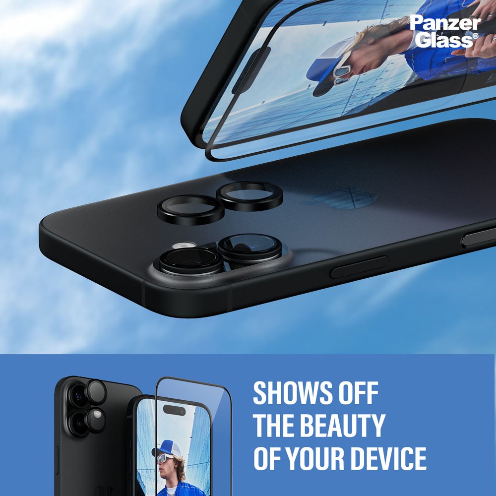 iPhone 16 PanzerGlass 2-i-1 Bundle m. EasyAligner - Skærmbeskyttelse (UWF) / Kamerabeskyttelse - Gennemsigtig / Sort