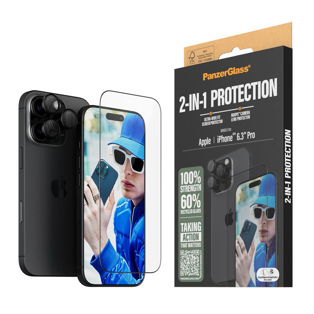 iPhone 16 Pro PanzerGlass 2-i-1 Bundle m. EasyAligner - Skærmbeskyttelse (UWF) / Kamerabeskyttelse - Gennemsigtig / Sort