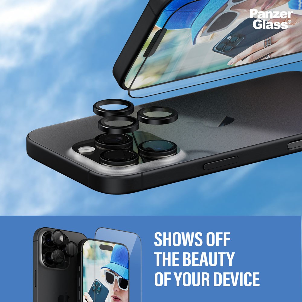 iPhone 16 Pro PanzerGlass 2-i-1 Bundle m. EasyAligner - Skærmbeskyttelse (UWF) / Kamerabeskyttelse - Gennemsigtig / Sort