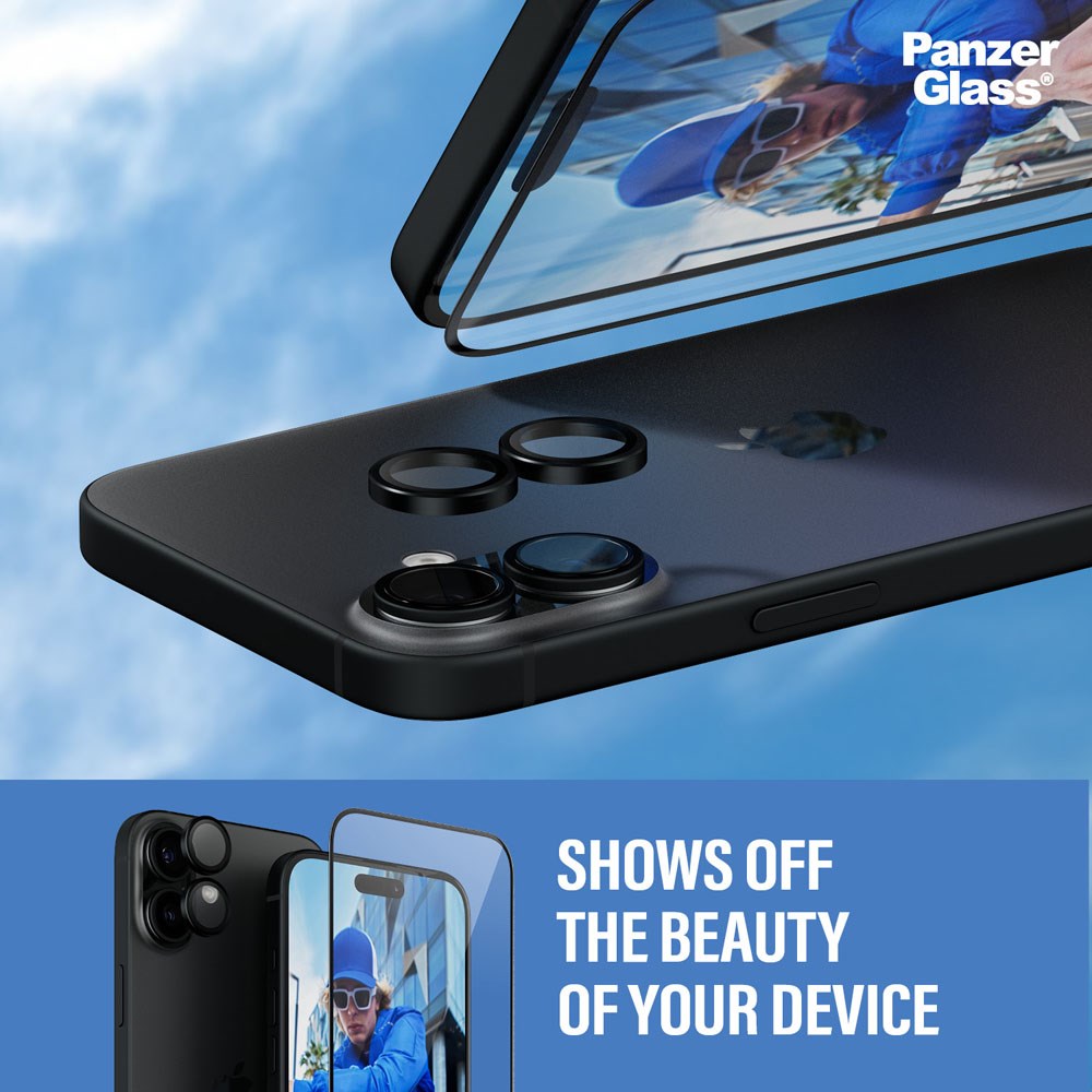 iPhone 16 Plus PanzerGlass 2-i-1 Bundle m. EasyAligner - Skærmbeskyttelse (UWF) / Kamerabeskyttelse - Gennemsigtig / Sort