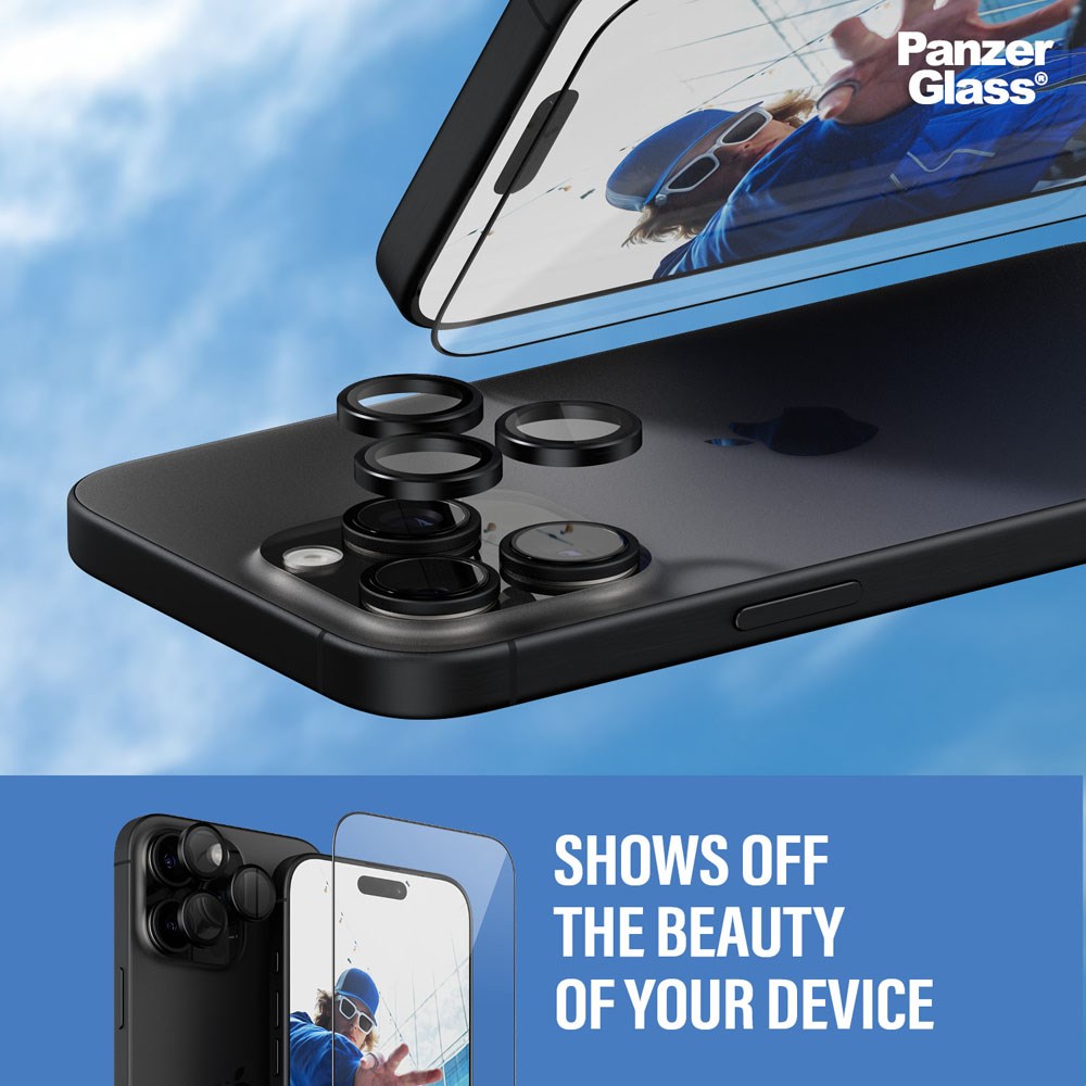 iPhone 16 Pro Max PanzerGlass 2-i-1 Bundle m. EasyAligner - Skærmbeskyttelse (UWF) / Kamerabeskyttelse - Gennemsigtig / Sort