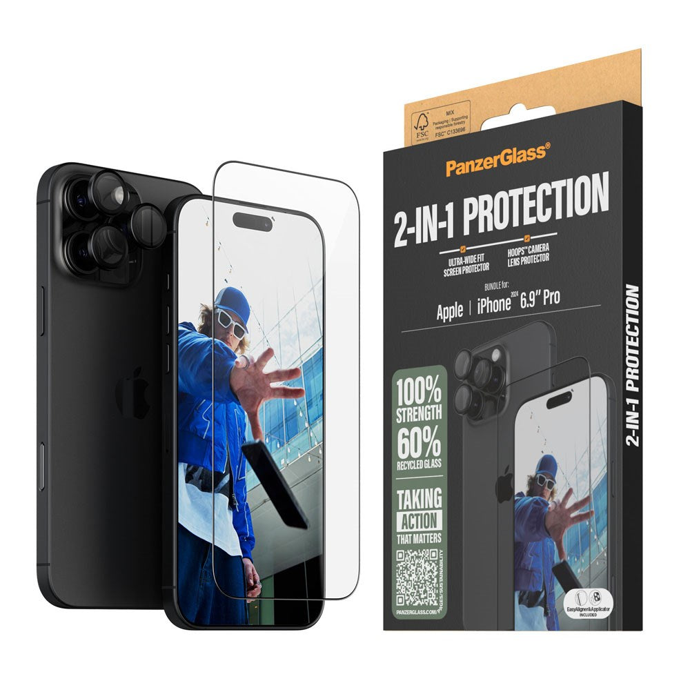 iPhone 16 Pro Max PanzerGlass 2-i-1 Bundle m. EasyAligner - Skærmbeskyttelse (UWF) / Kamerabeskyttelse - Gennemsigtig / Sort
