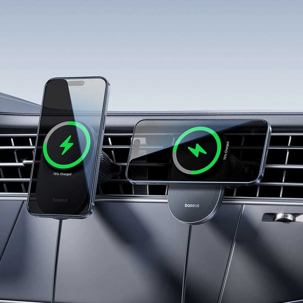 Baseus Magnetisk Mobilholder til Bil m. Trådløs Opladning & Blæser - Ventilationsrist - MagSafe Kompatibel - Sort