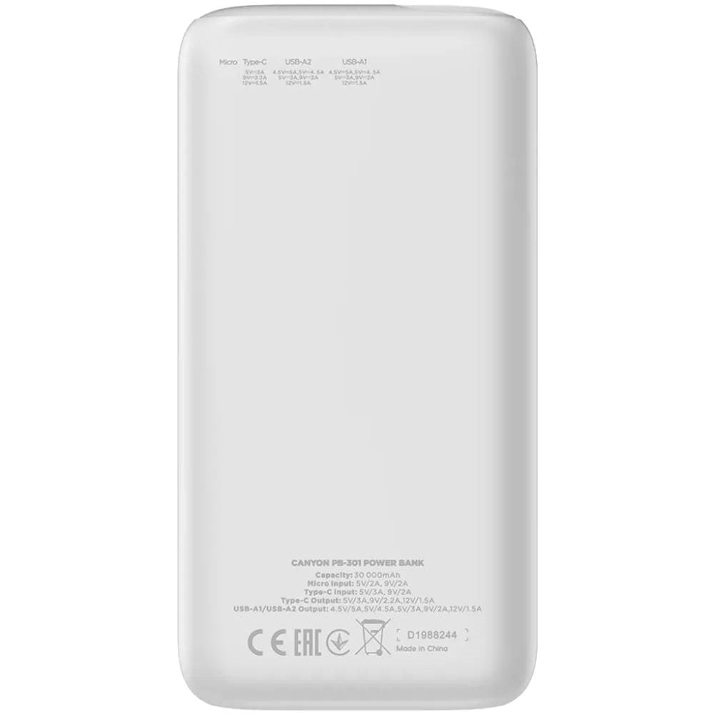 Canyon PB301 20W PowerBank - 30.000 mAh - Hvid