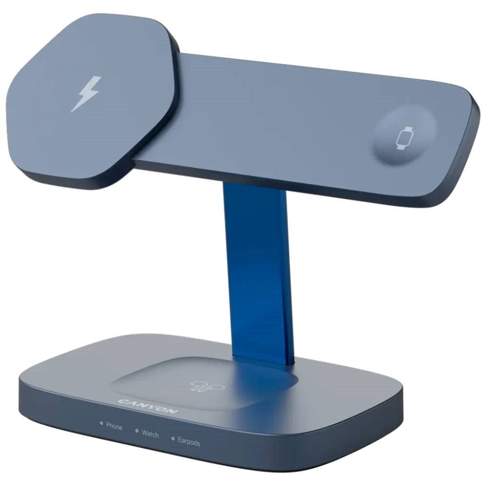 Canyon Hexagon 15W 3-i-1 Trådløs Oplader - Qi / MagSafe Kompatibel - Grå / Blå