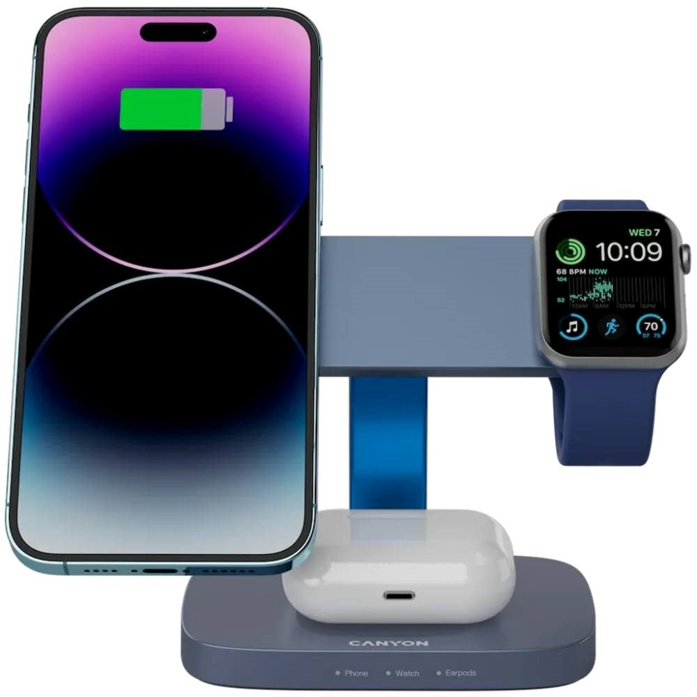 Canyon Hexagon 15W 3-i-1 Trådløs Oplader - Qi / MagSafe Kompatibel - Grå / Blå