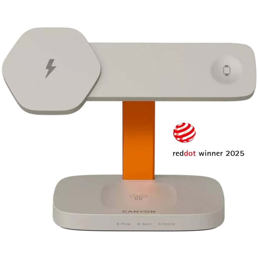 Canyon Hexagon 15W 3-i-1 Trådløs Oplader - Qi / MagSafe Kompatibel - Beige / Orange