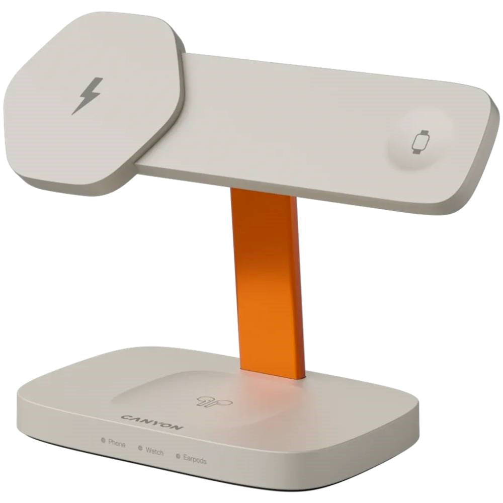 Canyon Hexagon 15W 3-i-1 Trådløs Oplader - Qi / MagSafe Kompatibel - Beige / Orange