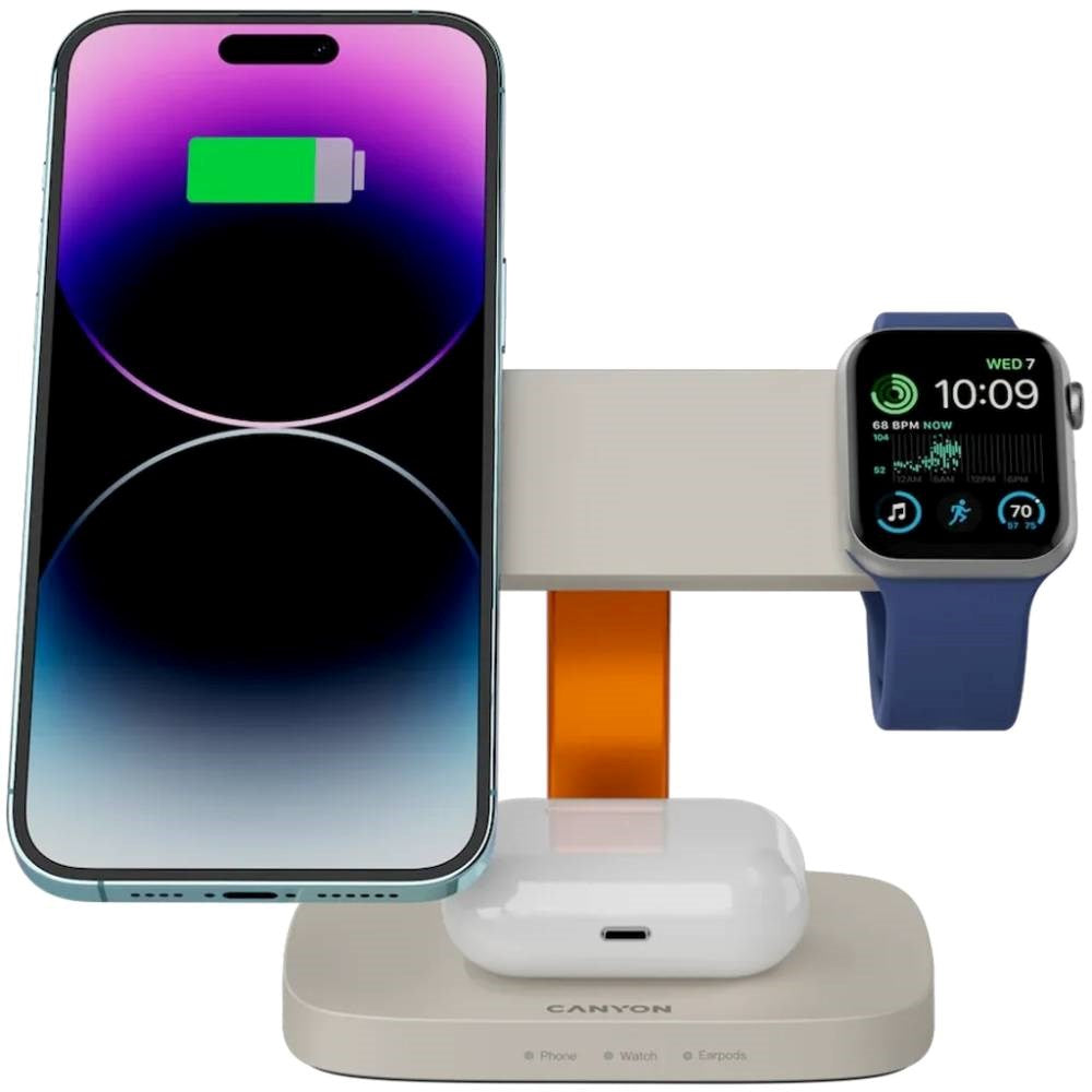 Canyon Hexagon 15W 3-i-1 Trådløs Oplader - Qi / MagSafe Kompatibel - Beige / Orange