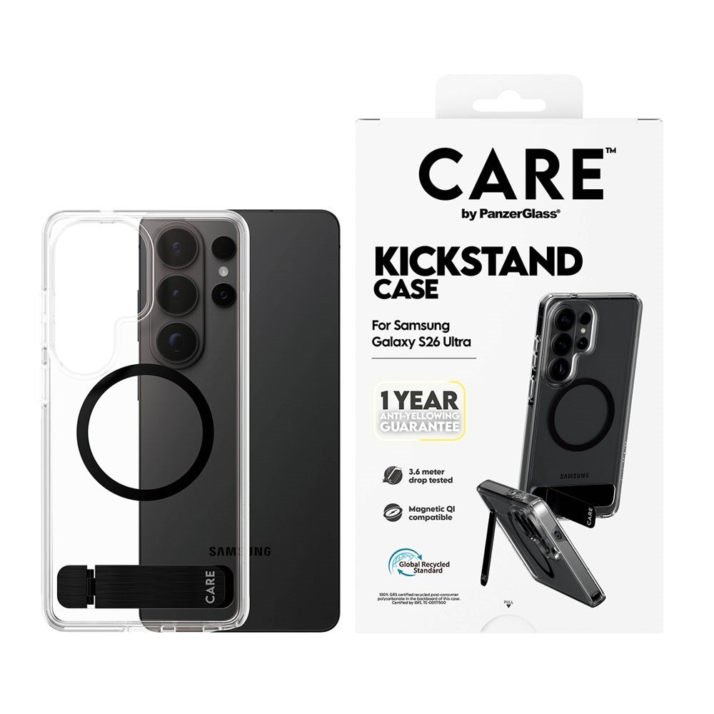 Samsung Galaxy S26 Ultra CARE by PanzerGlass Feature Kickstand Case - Qi Kompatibel - Transparent / Black