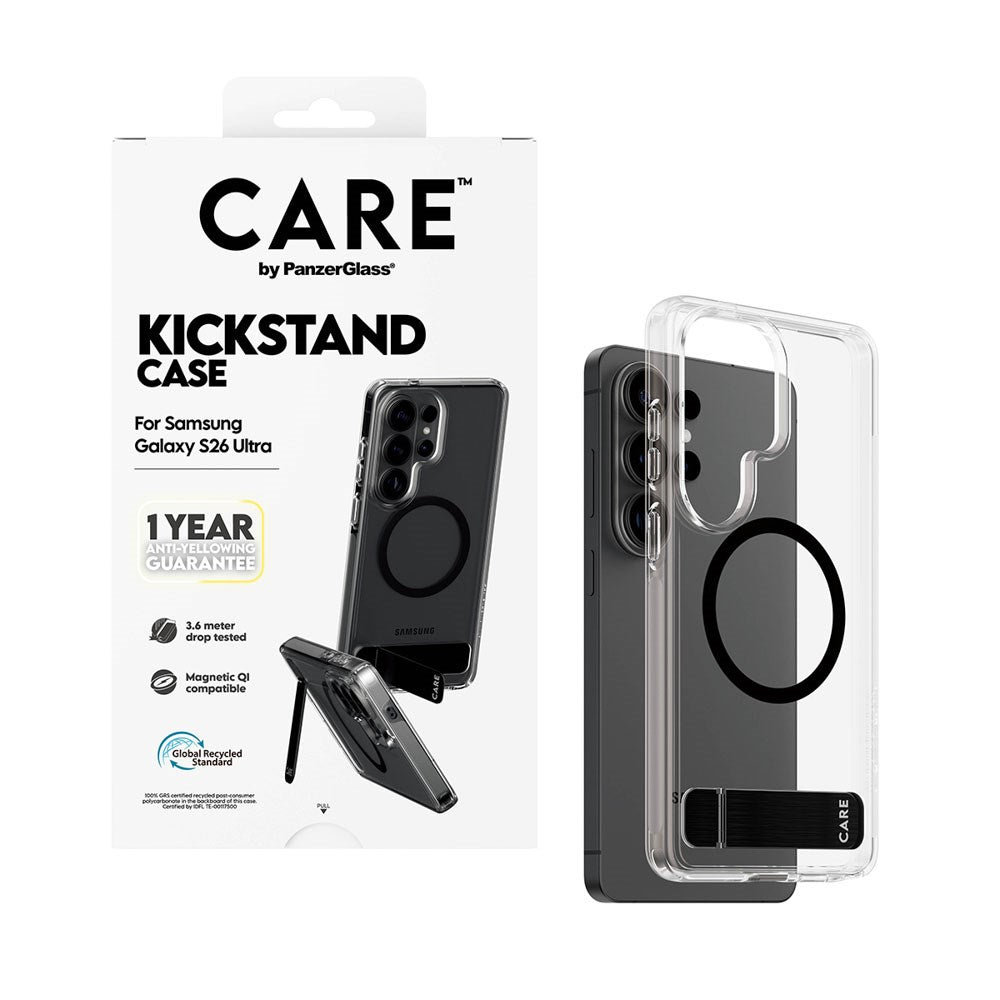 Samsung Galaxy S26 Ultra CARE by PanzerGlass Feature Kickstand Case - Qi Kompatibel - Transparent / Black