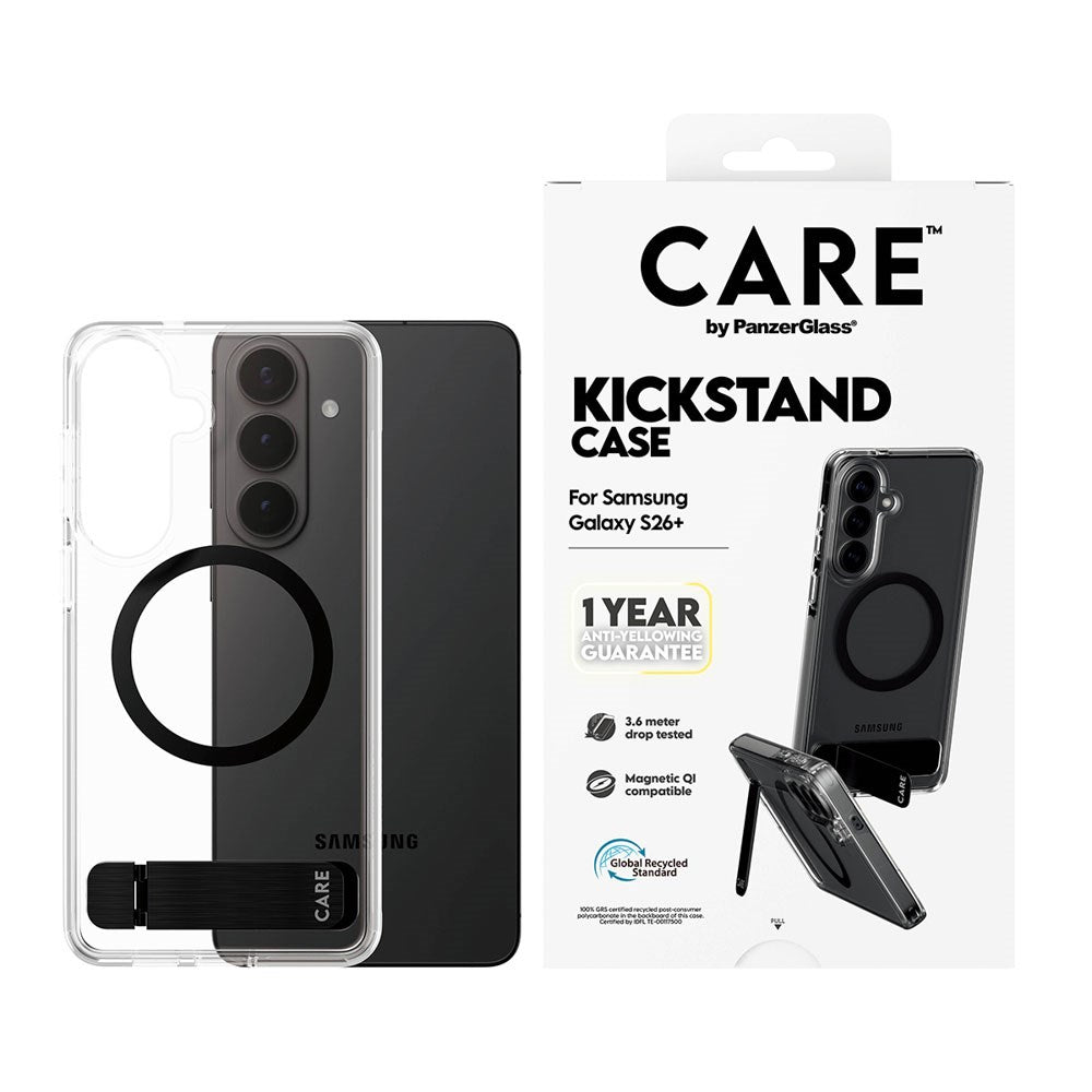 Samsung Galaxy S26+ (Plus) CARE by PanzerGlass Feature Kickstand Case - Qi Kompatibel - Transparent / Black
