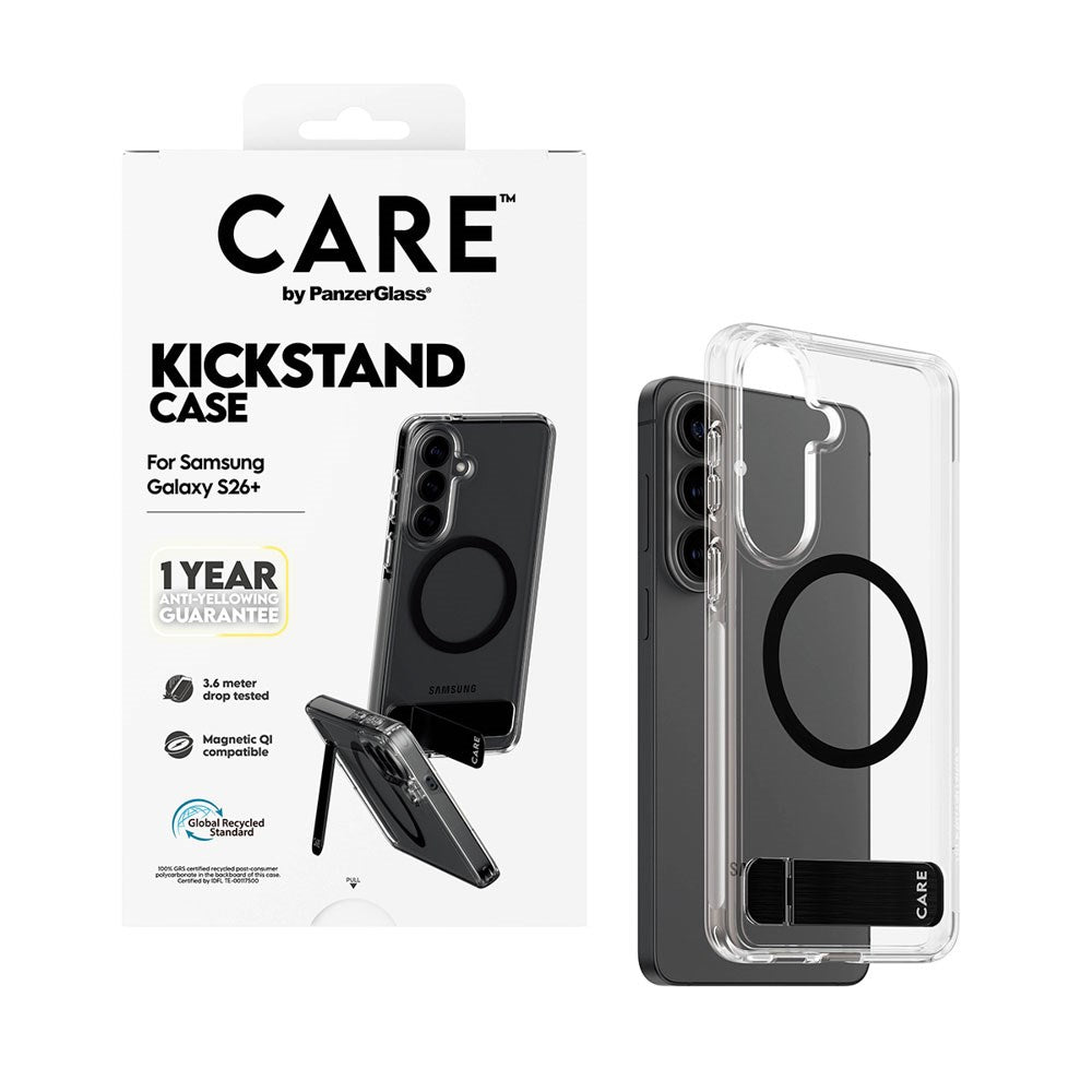 Samsung Galaxy S26+ (Plus) CARE by PanzerGlass Feature Kickstand Case - Qi Kompatibel - Transparent / Black