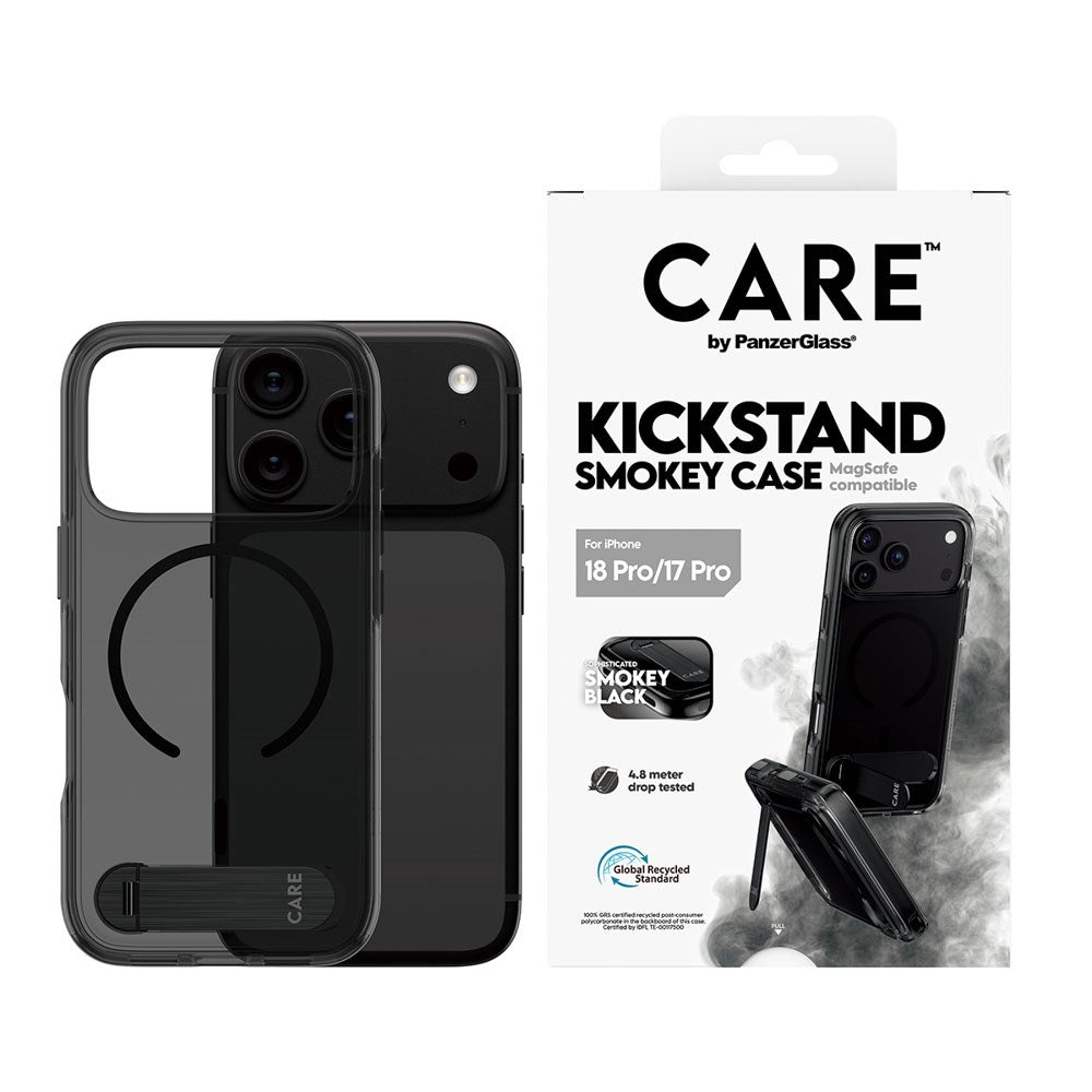 iPhone 18 Pro / 17 Pro CARE by PanzerGlass Feature Kickstand Case - MagSafe Kompatibel - Sort / Gennemsigtig