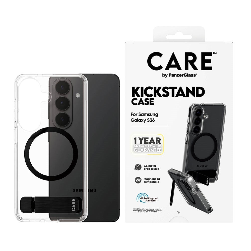 Samsung Galaxy S26 CARE by PanzerGlass Feature Kickstand Case - Qi Kompatibel - Transparent / Black