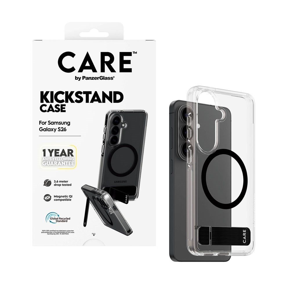 Samsung Galaxy S26 CARE by PanzerGlass Feature Kickstand Case - Qi Kompatibel - Transparent / Black