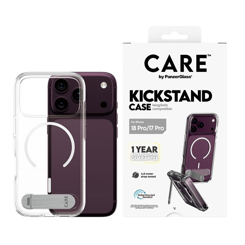 iPhone 18 Pro / 17 Pro CARE by PanzerGlass Feature Kickstand Case - MagSafe Kompatibel - Gennemsigtig / Hvid