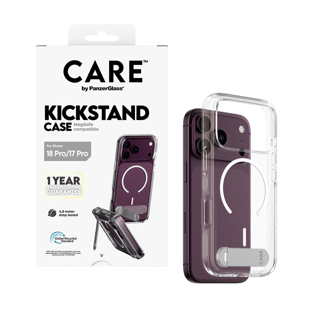 iPhone 18 Pro / 17 Pro CARE by PanzerGlass Feature Kickstand Case - MagSafe Kompatibel - Gennemsigtig / Hvid